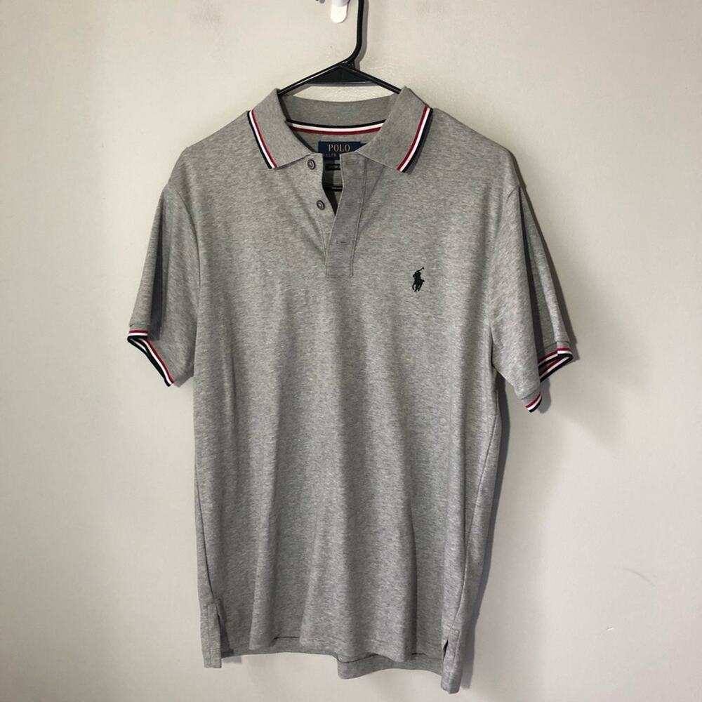 Polo Ralph Lauren mens M grey polo with navy red trim details preppy golf casual